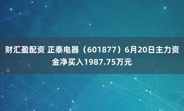 财汇盈配资 正泰电器（601877）6月20日主力资金净买入1987.75万元